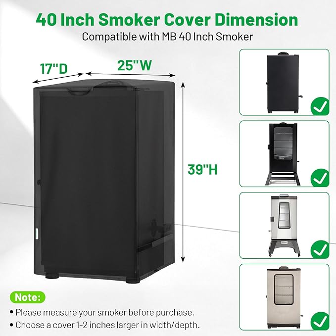 40 Inch Electric Smoker Cover for Masterbuilt, Heavy Duty Waterproof Outdoor Square Vertical Smoker Grill Cover with Windproof Straps & Handles, All-Weather Fade Resistant, Black