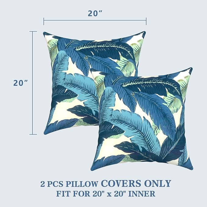 LVTXIII Outdoor Pillow Covers 20x20 Inch, 2 Pack Large Square Throw Pillow Cases, Fade-Resistant Cushion Covers for Patio Furniture Sofa, Garden Porch, Swaying Palms Blue
