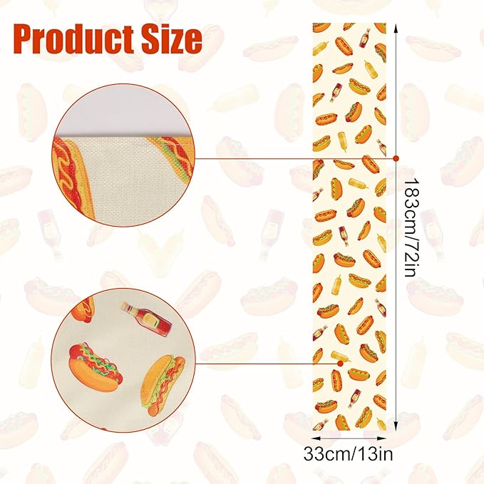 Penitue 13x72in/33x183cm Hot Dog Table Runner, Hot Dog Party Decorations Fast Food Sausage Theme Dining Table Cloth Tablecloth Decor for Indoor Outdoor Kitchen BBQ Supplies Accessories Gift Stuff