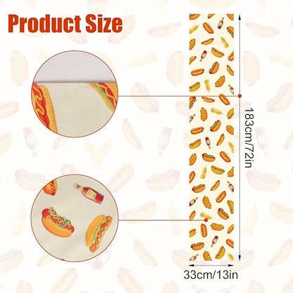 Penitue 13x72in/33x183cm Hot Dog Table Runner, Hot Dog Party Decorations Fast Food Sausage Theme Dining Table Cloth Tablecloth Decor for Indoor Outdoor Kitchen BBQ Supplies Accessories Gift Stuff