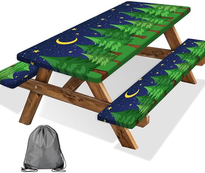 JAWO Camping Picnic Table Cover Set with Bench Covers Green Pine Tree Forest Tablecloth Fitted Picnic Table Cover with Elastic Windproof and Waterproof Fabric, Camping Accessories Patio & Outdoor