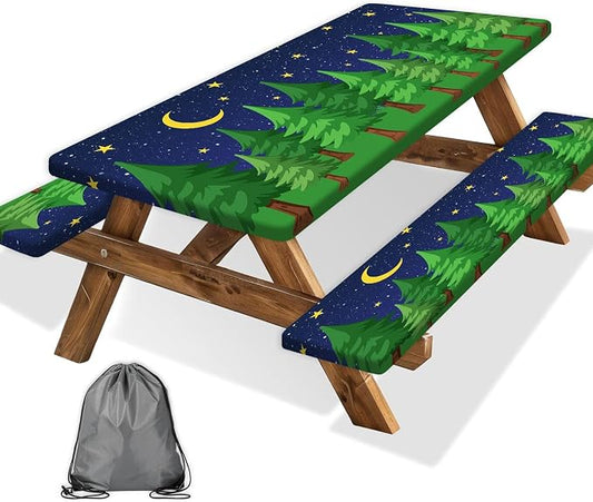 JAWO Camping Picnic Table Cover Set with Bench Covers Green Pine Tree Forest Tablecloth 8FT Fitted Picnic Table Cover with Elastic Windproof and Waterproof Fabric, Camping Accessories Patio & Outdoor