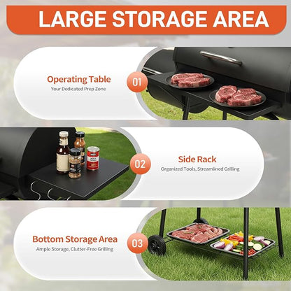 VINGLI Barrel Charcoal Grill with Offset Smoker, Built-in Lifting Carbon Mesh, Large Charcoal Barbecue Smoker Grill Combo for Outdoor Backyard Patio Camping Parties 52 × 20 × 44 inch