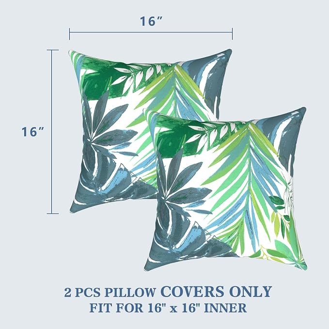 LVTXIII 2 Pack Outdoor Throw Pillow Covers for Patio Furniture, 16x16 Inch Square Pillow Case, Water-Repellent Cushion Covers for Garden, Porch, Sofa, Islamorada Blue Green