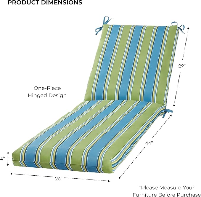 Modern Outdoor Chaise Lounge Cushion with Ties – Durable Polyester Fabric, Channel-Filled Polyfiber Insert, Removable Zippered Cover, Cayman Stripe