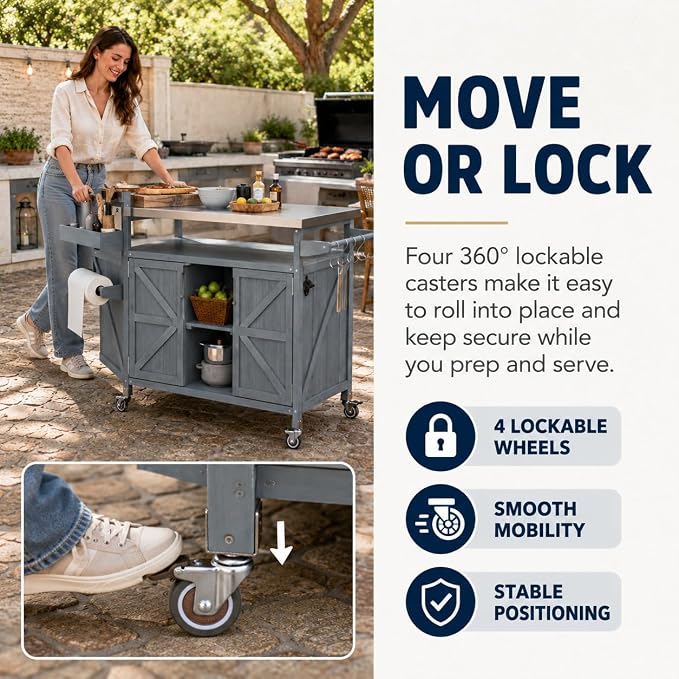 Outdoor Kitchen Island, 50.25" Rolling Grill Table with Storage Cabinet, 201 Stainless Steel Top Outdoor Bar Cart, Solid Fir Wood BBQ Prep Station with Adjustable Shelves, Spice Rack (Grey Blue)