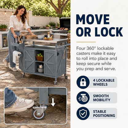 Outdoor Kitchen Island, 50.25" Rolling Grill Table with Storage Cabinet, 201 Stainless Steel Top Outdoor Bar Cart, Solid Fir Wood BBQ Prep Station with Adjustable Shelves, Spice Rack (Grey Blue)