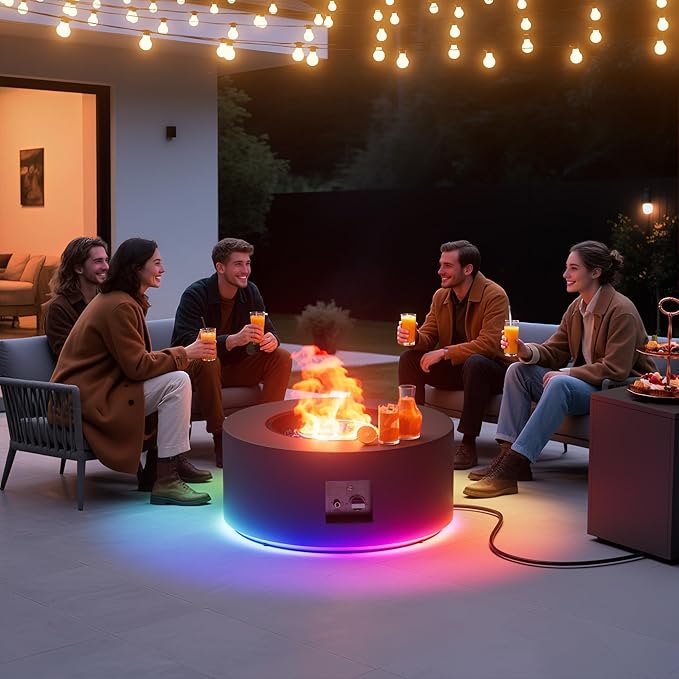 2-Piece Outdoor Propane Fire Pit Table Set w Tank Side Table 30'' Round Fire Pit Table 2-in-1 Firepit Table for Outside Patio Gas Fire Pit w 304 Stainless Steel Burner 50,000 BTU, Dark Gray w RGB LED