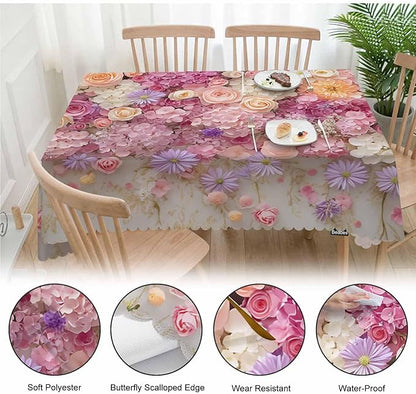 Rose Dinner Tablecloth Table Cover, Pink Wall Floral Roses Peonies Blossom 52x70 Inch Table Cloth Dust-Proof Table Cover Protector for Home Restaurant Picnic Camping BBQ