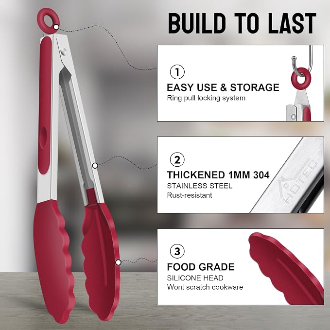 HOTEC Premium Stainless Steel Locking Kitchen Tongs with Silicon Tips, Set of 2-9" and 12"(Red)