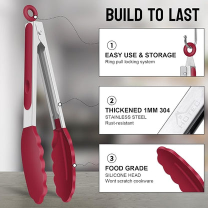 HOTEC Premium Stainless Steel Locking Kitchen Tongs with Silicon Tips, Set of 2-9" and 12"(Red)