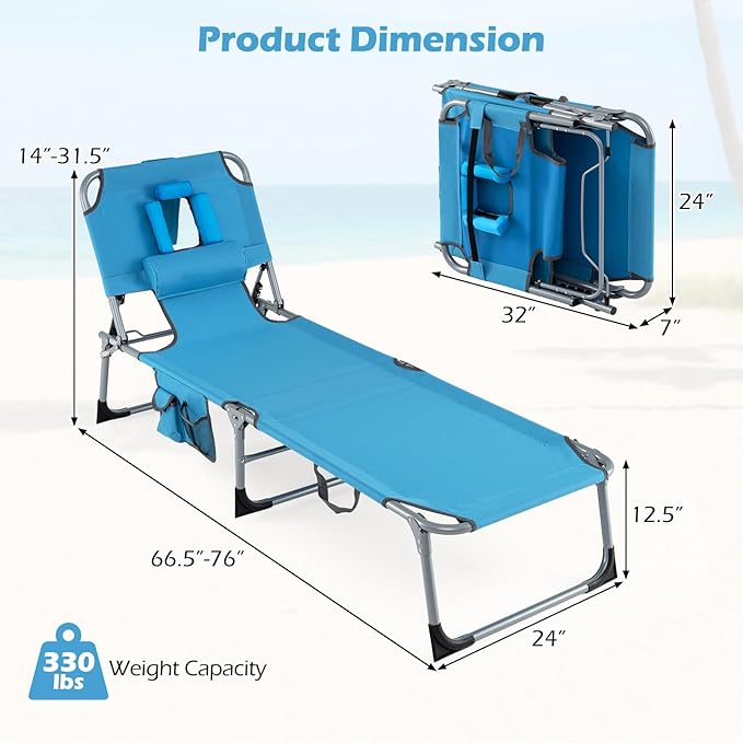 Goplus Tanning Chair, Folding Beach Lounge Chair with Face &Arm Hole, Position Adjustable,Removable Pillow,Side Pocket, Sunbathing Chair, Portable Outdoor Lounge Chair for Patio Pool
