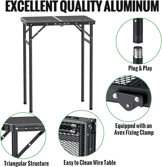 GARLLEN Folding Grill Table, 3 Adjustable Height Lightweight Camping Table with Heat-Resistant Tabletop, Portable Aluminum Picnic Tables for BBQ, Beach, Travel, 23.6" L x 15.7" W, Threaded Install