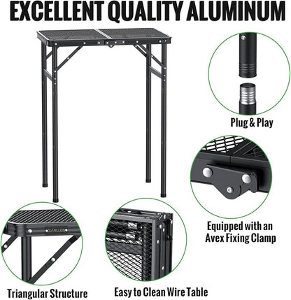 GARLLEN Folding Grill Table, 3 Adjustable Height Lightweight Camping Table with Heat-Resistant Tabletop, Portable Aluminum Picnic Tables for BBQ, Beach, Travel, 23.6" L x 15.7" W, Threaded Install