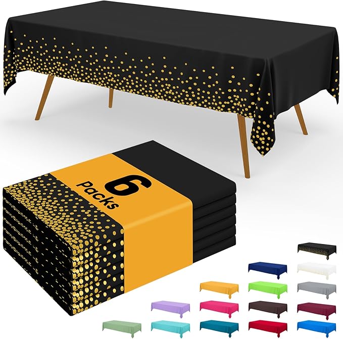 Smiry Disposable Table Cloth - 6 Pack, 54 x 108 Inch Waterproof Rectangle Tablecloths for Parties, Decorative Plastic Table Cover, Leakproof & Sturdy, Black & Gold