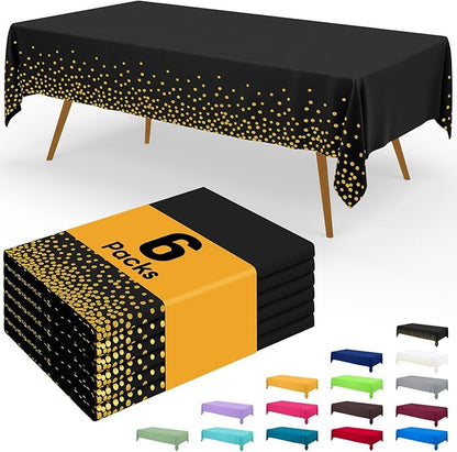 Smiry Disposable Table Cloth - 6 Pack, 54 x 72 Inch Waterproof Rectangle Tablecloths for Parties, Decorative Plastic Table Cover, Leakproof & Sturdy, Black & Gold