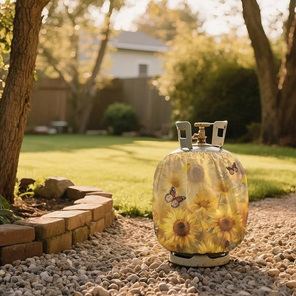 Sunflower Butterfly Propane Tank Cover Fits Standard 20 lb Tank Cylinde Travel Trailer Propane Covers with Elastic Slip in Gas Cover Water & Wear-Resistant for Outdoor and Indoor Use