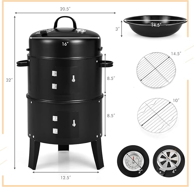 18 Inch Multi-Layer Steel Charcoal Smoker Grill, 3IN1 Vertical Heavy Duty Round Charcoal BBQ Smoker Grill with Built-in Thermometer & Adjustable Vent System for Camping & Home Party, Black