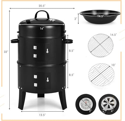 18 Inch Multi-Layer Steel Charcoal Smoker Grill, 3IN1 Vertical Heavy Duty Round Charcoal BBQ Smoker Grill with Built-in Thermometer & Adjustable Vent System for Camping & Home Party, Black