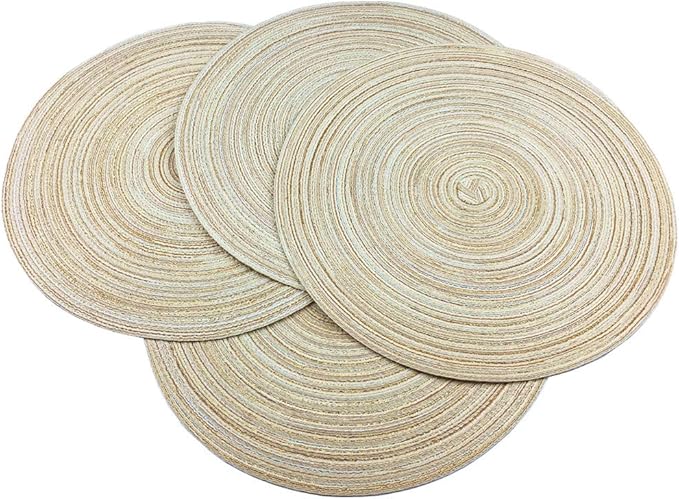 Red-A，Placemats,Round Placemats for Dining Table Set of 4 Woven Heat Resistant Non-Slip Kitchen Table Mats Diameter 14 Inch(Cream with Golden Silk)