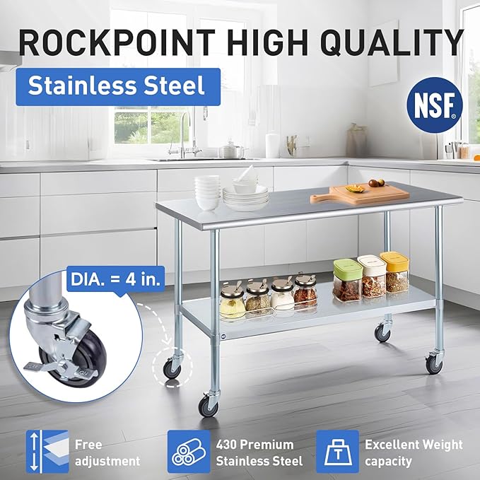 ROCKPOINT Stainless Steel Table for Prep & Work with Caster Wheels 18x30 Inches, NSF Metal Commercial Kitchen Heavy Duty Table with Adjustable Under Shelf and Table Foot for Restaurant, Home and Hotel