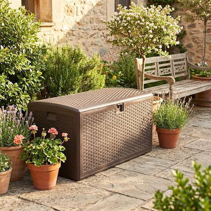 73 Gallon Blow-Molded Outdoor Storage Box, Lockable Storage Chest, Waterproof & UV-Resistant Storage Bin for Patio Cushions, Garden Tools & Pool Accessories, Outdoor Toy Storage Bench, Brown