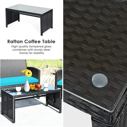 Tangkula 8 Pieces Patio Wicker Conversation Furniture Set, Patiojoy Sofa & Table Set w/4 Seats, Outdoor Rattan Sofa Set for Balcony Backyard, Wicker Chair Set with Tempered Glass Coffee Table
