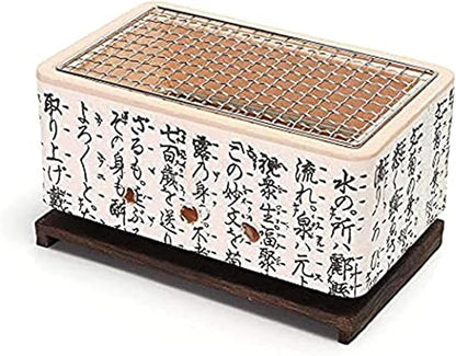 Japanese Ceramic Clay Charcoal Grill, Mini Tabletop BBQ Charcoal Stove with Wire Mesh Grill and Wooden Base for Indoor Outdoor