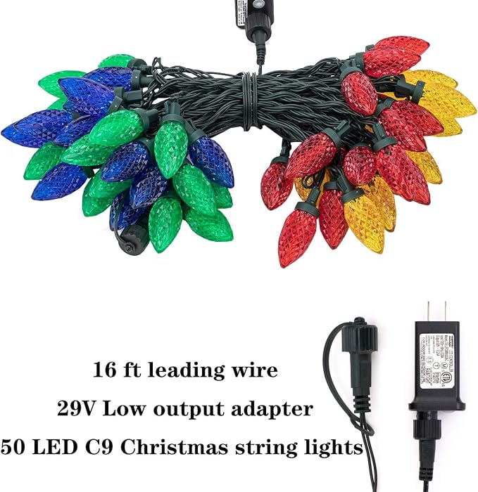 AWQ 50LED 49FT C9 Christmas String Lights Plug in Fairy Twinkle Multicolor | Christmas Lights Outdoor 8 Modes Timer Function Waterproof Extendable for Indoor Outdoor Wedding Party Christmas Decoration