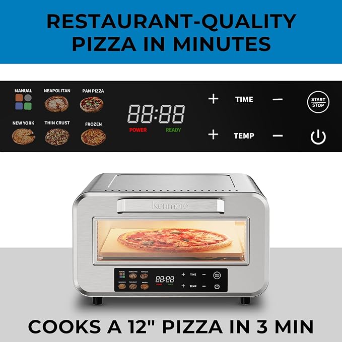 Kenmore Indoor Electric 12 inch Pizza Oven - 750°F High Heat for Wood Fired Style, 5 Presets, Pizza Stone & Peel, Stainless Steel Horno Electrico