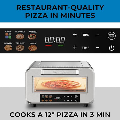 Kenmore Indoor Electric 12 inch Pizza Oven - 750°F High Heat for Wood Fired Style, 5 Presets, Pizza Stone & Peel, Stainless Steel Horno Electrico