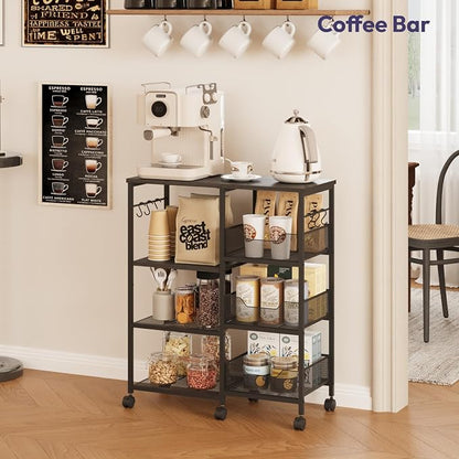 SWTYMIKI Kitchen Island Cart on Wheels - 4 Tier Rolling Kitchen Table Cart with Storage Shelves, 6 Removable Hooks& Locking Casters, Coffee Bar Cabinet for Dining Room Pantry Office, Black