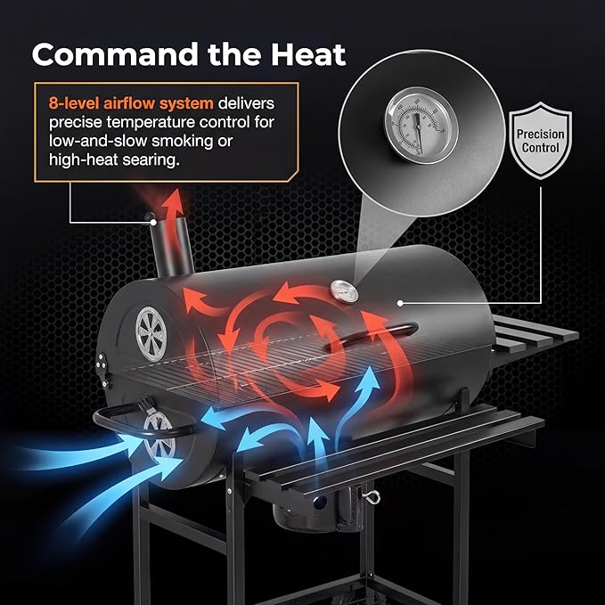 Devoko Barrel Charcoal Grill with Thermometer, Double-Layer Chrome-Plated Iron Baking Pan, Three Item Racks & Ash Catcher, Heavy Duty Outdoor BBQ Grill for Camping Backyard Patio