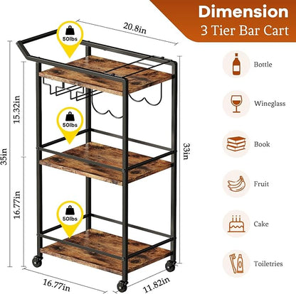 LOTEYIKE 3 Tier Bar Cart, Mini Liquor Utility Cart for Wine Beverage Dinner Party, Rolling Wine Coffee Drink Serving Cart with Lockable Wheels for Home Kitchen Bars (Rustic Brown) | Rolling Wine Coffee Drink Serving Cart with Lockable Wheels for Home K...