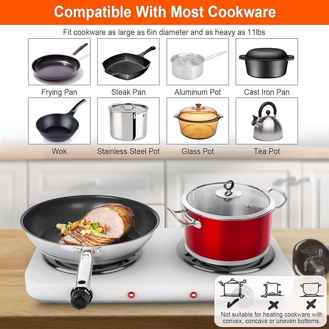 KOCASO 2000W Dual Burner Portable Electric Hot Plate with Coil Heating Elements, 5 Temperature Settings (302℉-1022℉), Non-Slip Rubber Feet for Countertop, RV, Dorm & Apartment Use