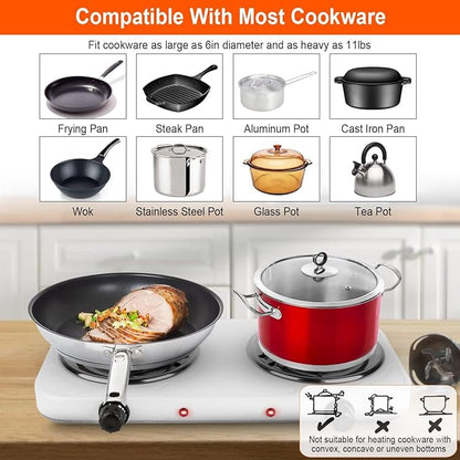 KOCASO 2000W Dual Burner Portable Electric Hot Plate with Coil Heating Elements, 5 Temperature Settings (302℉-1022℉), Non-Slip Rubber Feet for Countertop, RV, Dorm & Apartment Use
