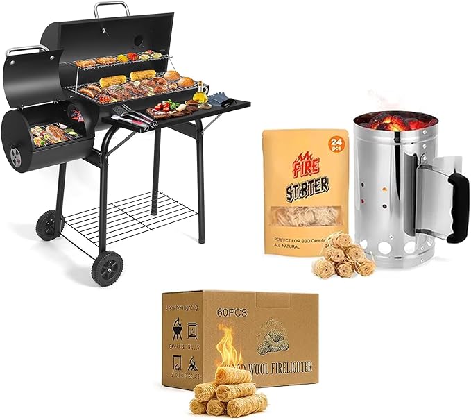Offset Smoker Bundle with Steel Charcoal Bucket & 60 Starters
