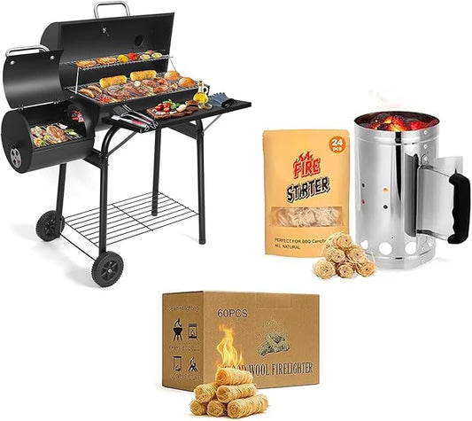 Offset Smoker Bundle with Steel Charcoal Bucket & 60 Starters