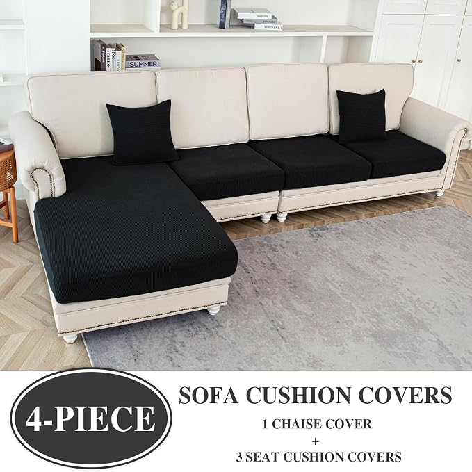 LA MEACK Couch Cushion Covers for Sectional Sofa L Shape Washable Separate Seat Chaise Couch Cover Stretch Sofa Slipcovers with 2 Pcs Pillowcases(3 Seater + 1 Chaise, Black)