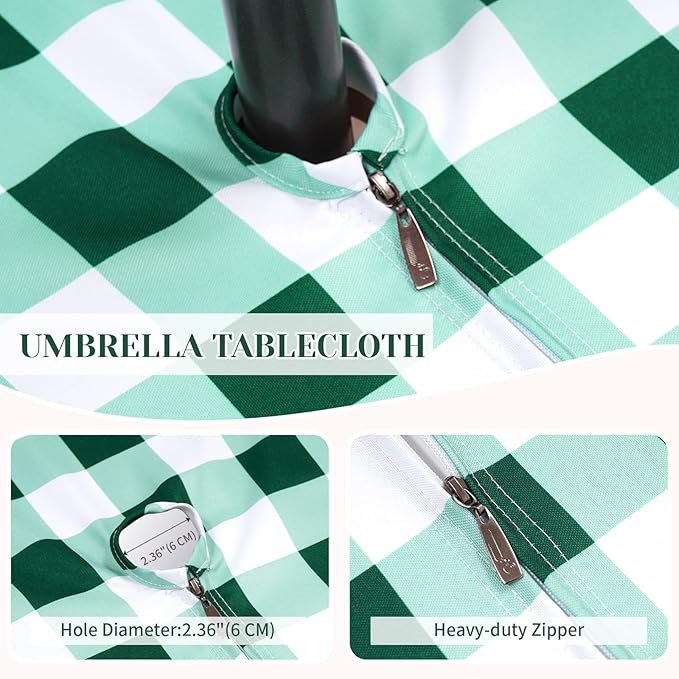Poise3EHome Rectangle Outdoor Tablecloth with Umbrella Hole and Zipper,Green and White Gingham 104x60 Inch,SpillProof Washable Table Cloth for Spring Summer Patio Garden Poolside Picnic Camping BBQS