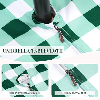 Poise3EHome Rectangle Outdoor Tablecloth with Umbrella Hole and Zipper,Green and White Gingham 104x60 Inch,SpillProof Washable Table Cloth for Spring Summer Patio Garden Poolside Picnic Camping BBQS