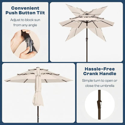 10ft 3 Tier Patio Umbrella, Outdoor Market Table Umbrella with UPF 50+ Vented Canopy, 8 Sturdy Ribs, Easy Push Button Tilt and Crank, Windproof for Deck, Pool, Backyard and Garden