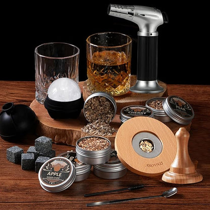 Whiskey Smoker Kit with Torch - 6 Flavors Wood Chips, 2 Glasses, Cocktail Smoker Infuser Kit, Old Fashioned Drink Smoker Kit, Birthday Valentine's Day Bourbon Whiskey Gifts for Men, Dad(No Butane)