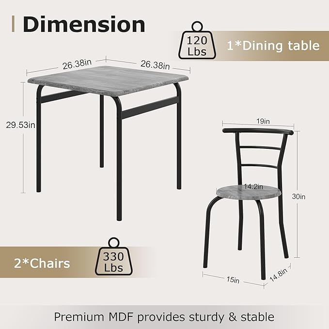 VECELO 3-Piece Dining Table Set for Kitchen Breakfast Nook, Wood Grain Square Tabletop and Metal Frame, for Small Spaces, Grey