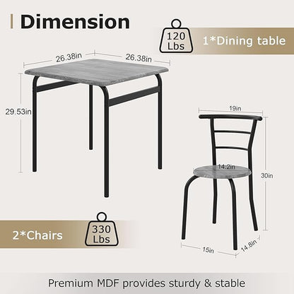 VECELO 3-Piece Dining Table Set for Kitchen Breakfast Nook, Wood Grain Square Tabletop and Metal Frame, for Small Spaces, Grey