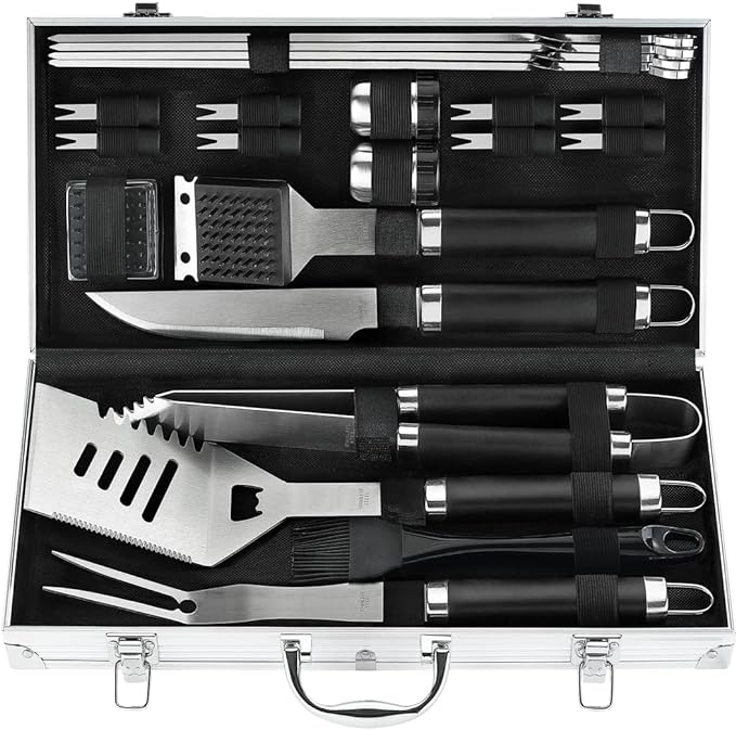 POLIGO 22PCS Heavy Duty BBQ Grill Accessories Set, Non-Slip Grill Tools for Outdoor Grill Set Stainless Steel Grill Utensils Set, Deluxe Grilling Tools Set in Aluminum Case Ideal Gifts for Men Black