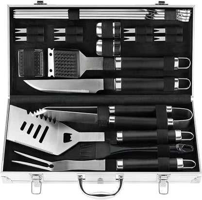 POLIGO 22PCS Heavy Duty BBQ Grill Accessories Set, Non-Slip Grill Tools for Outdoor Grill Set Stainless Steel Grill Utensils Set, Deluxe Grilling Tools Set in Aluminum Case Ideal Gifts for Men Black