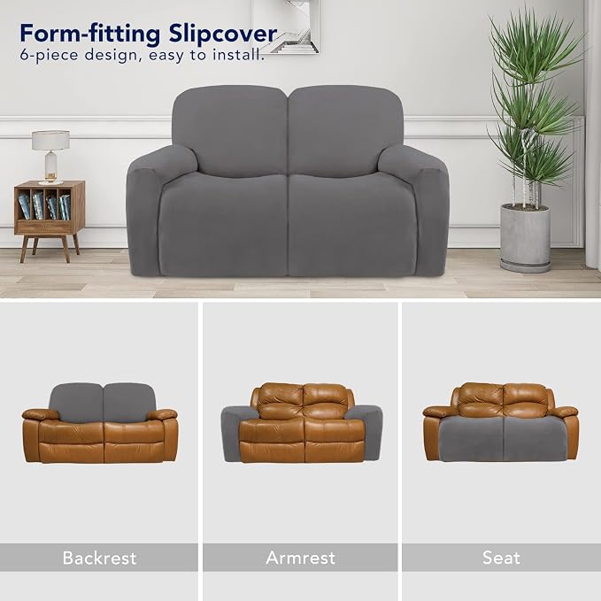PureFit Super Stretch Loveseat Recliner Sofa Couch Cover with Pocket | 2 Seats Non Slip Soft Sofa Slipcover, Washable Reclining Furniture Protector for Pets (Recliner Loveseat, Light Gray)