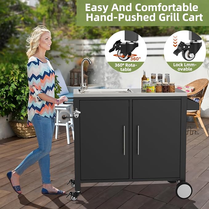 NicBex Outdoor Grill Cart with Sink & Cabinet, 304 Stainless Steel Rolling Bar Cart with Wheels, Spice Rack, BBQ Storage Cart, Black Outdoor Patio Prep Table, Black