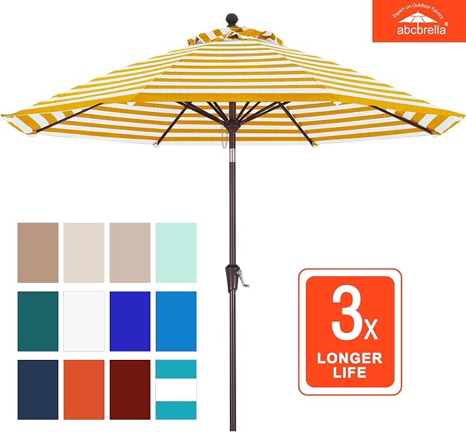 ABCCANPOY 9Ft Outdoor Patio Umbrella, Gold Stripe | Fade & UV Resistant Fabric,8 Fiberglass Ribs，Wind Vent，Crank Lift & Tilt,Outdoor Table Umbrella for Deck,Backyard,Yard